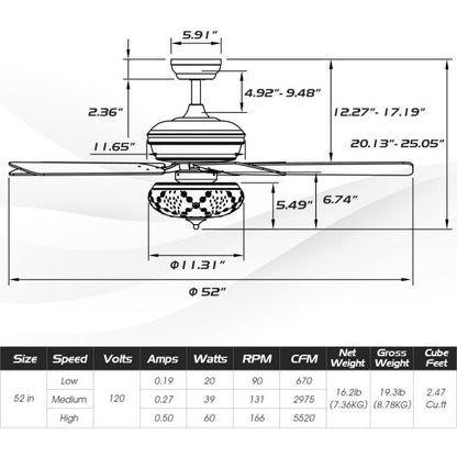 52 Inch Ceiling Fan with 3 Wind Speeds and 5 Reversible Blades-Gray - Color: Gray