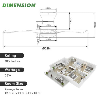 52 Inch Flush Mount Ceiling Fan with LED Light-Black - Color: Black