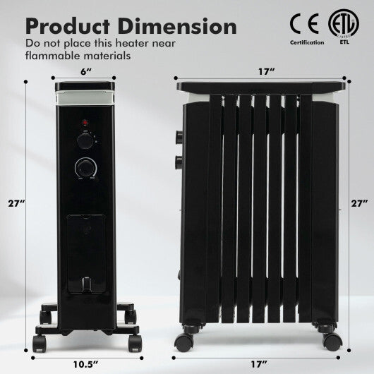 1500W Portable Oil Filled Radiator Heater with 3 Heat Settings-Black - Color: Black