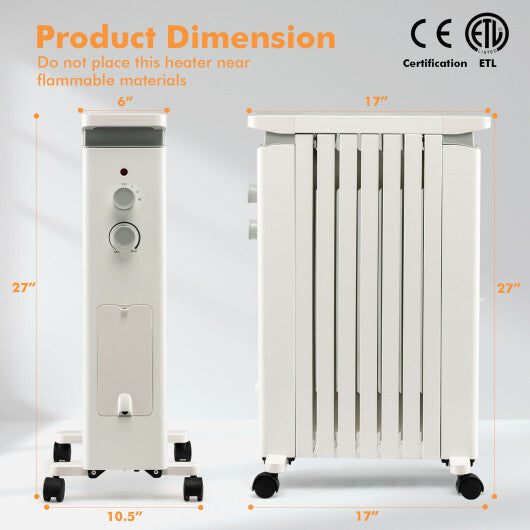 1500W Portable Oil Filled Radiator Heater with 3 Heat Settings-White - Color: White