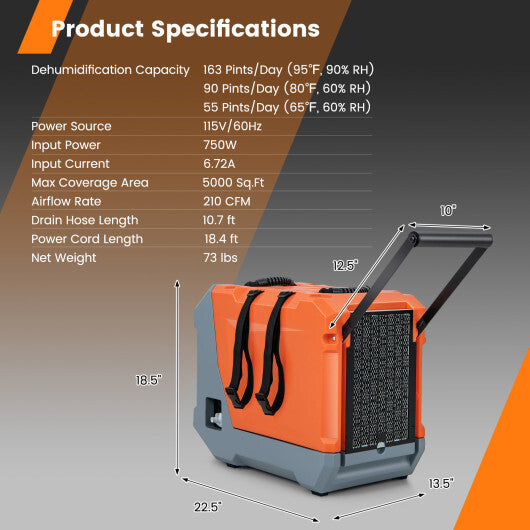 180 Pints/Day Commercial Dehumidifier with Pump and Drain Hose-Orange - Color: Orange