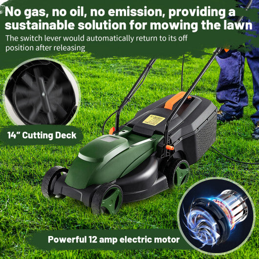 12-AMP 13.5 Inch Adjustable Electric Corded Lawn Mower with Collection Box-Green - Color: Green