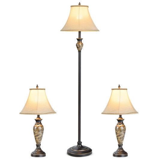 3-Piece Table and Floor Lamp Set with Linen Fabric Lamp Shades - Color: Beige