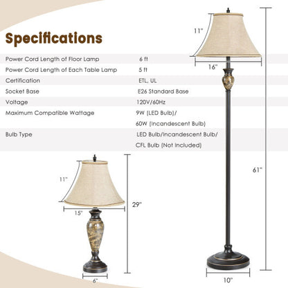 3-Piece Table and Floor Lamp Set with Linen Fabric Lamp Shades - Color: Beige