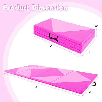 8 Feet PU Leather Folding Gymnastics Mat with Hook and Loop Fasteners-Pink - Color: Pink