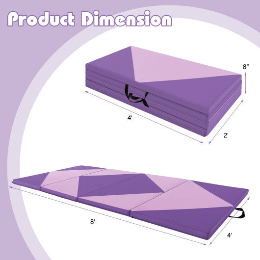 8 Feet PU Leather Folding Gymnastics Mat with Hook and Loop Fasteners-Pink & Purple - Color: Pink & Purple