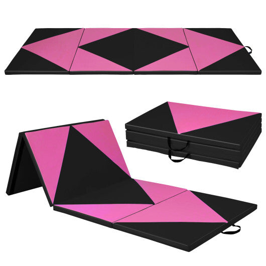 4-Panel PU Leather Folding Exercise Gym Mat with Hook and Loop Fasteners-Black & Pink - Color: Black & Pink