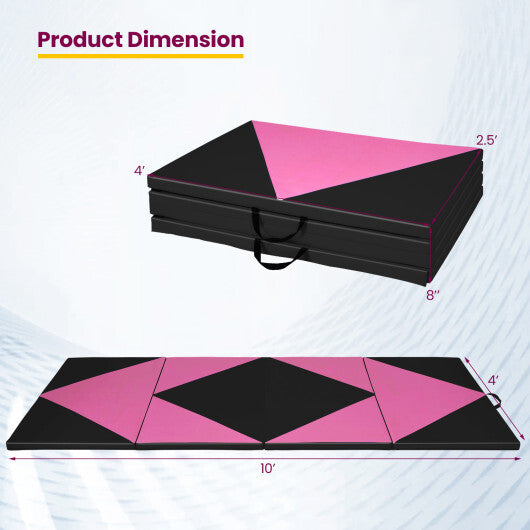 4-Panel PU Leather Folding Exercise Gym Mat with Hook and Loop Fasteners-Black & Pink - Color: Black & Pink