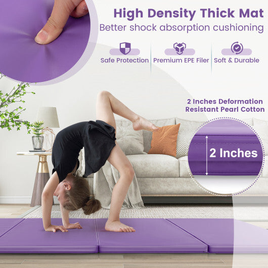 4-Panel PU Leather Folding Exercise Mat with Carrying Handles-Purple - Color: Purple