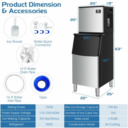 353LBS/24H Split Commercial Ice Maker with 198 LBS Storage Bin - Color: Silver