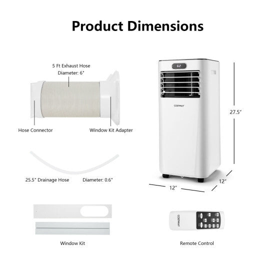 8000BTU 3-in-1 Portable Air Conditioner with Remote Control-White - Color: White