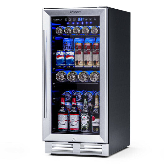 15 Inch 100 Can Built-in Freestanding Beverage Cooler Refrigerator with Adjustable Temperature and Shelf-Silver - Color: Silver