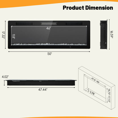 Electric Fireplace 40/50/60 Inches Recessed and Wall Mounted for 2' x 6' Stud-50 inches - Color: Black - Size: 50 inches