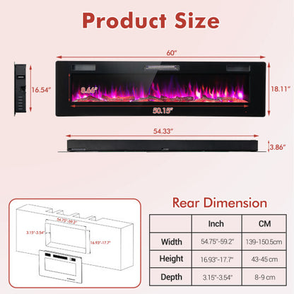 60 Inches Ultra-thin Electric Fireplace with Remote Control and Timer Function - Color: Black