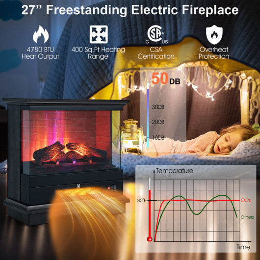 27 Inch Freestanding Electric Fireplace with 3-Level Vivid Flame Thermostat-Black - Color: Black