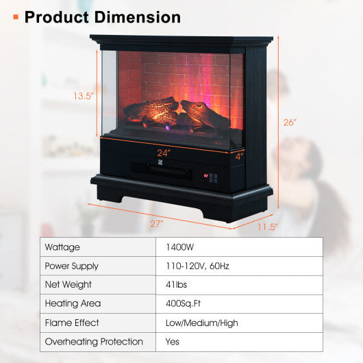 27 Inch Freestanding Electric Fireplace with 3-Level Vivid Flame Thermostat-Black - Color: Black