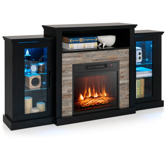 Fireplace?TV Stand with 16-Color Led Lights for TVs up to 65 Inch-Black - Color: Black