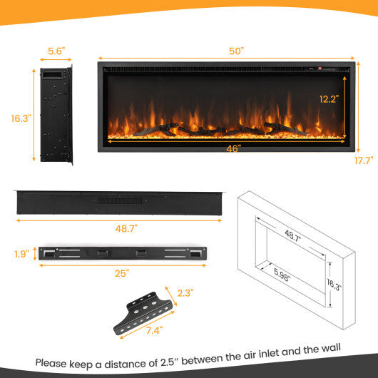 50 Inches Electric Fireplace in-Wall Recessed with Remote Control and Adjustable Color and Brightness-50 inches - Color: Black - Size: 50 inches