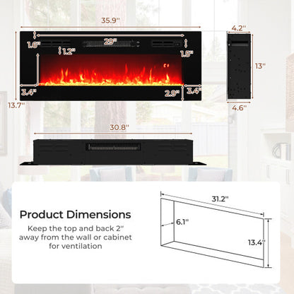 36 Inches Electric Fireplace Heater Recessed with LED Strip Lights and Remote Control - Color: Black