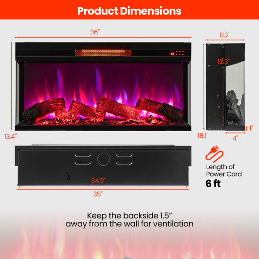 36 Inch 3-Sided 1500W Electric Fireplace with 7-Color Flame-Black - Color: Black