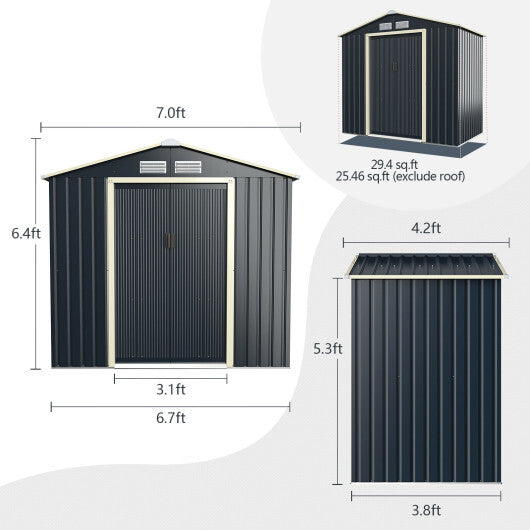 7 Feet x 4 Feet Metal Storage Shed with Sliding Double Lockable Doors-Gray - Color: Gray