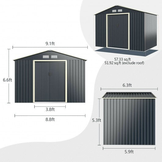 9 x 6 Feet Metal Storage Shed for Garden and Tools-Gray - Color: Gray