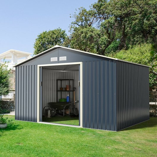 11 x 8 Feet Metal Storage Shed for Garden and Tools with 2 Lockable Sliding Doors-Gray - Color: Gray