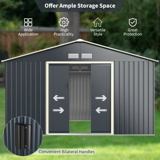 11 x 8 Feet Metal Storage Shed for Garden and Tools with 2 Lockable Sliding Doors-Gray - Color: Gray