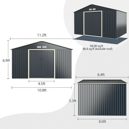 11 x 8 Feet Metal Storage Shed for Garden and Tools with 2 Lockable Sliding Doors-Gray - Color: Gray