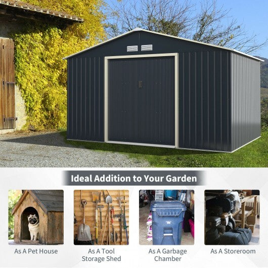 11 x 8 Feet Metal Storage Shed for Garden and Tools with 2 Lockable Sliding Doors-Gray - Color: Gray