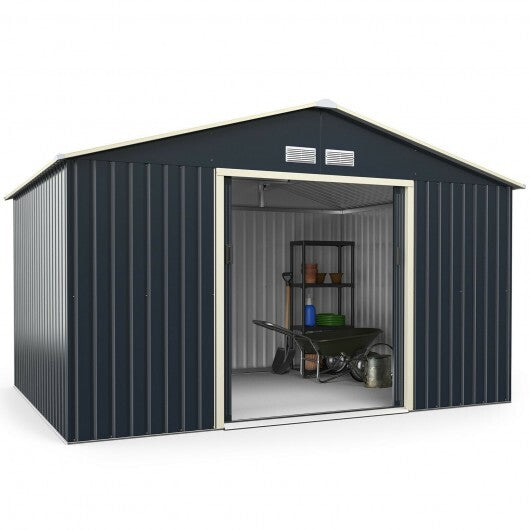 11 x 8 Feet Metal Storage Shed for Garden and Tools with 2 Lockable Sliding Doors-Gray - Color: Gray