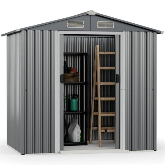 6 x 4 Feet Galvanized Steel Storage Shed with Lockable Sliding Doors-Gray - Color: Gray