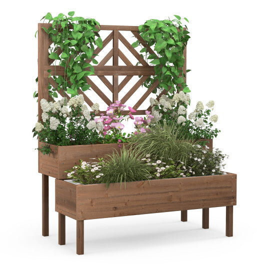 2-Tier Raised Garden Bed with Trellis-Brown - Color: Brown