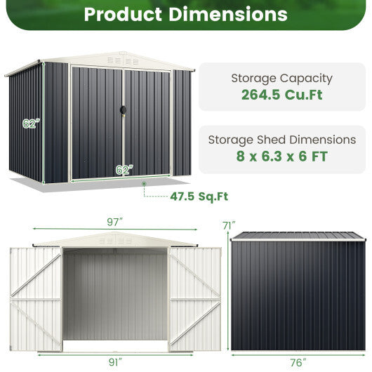 7.5 x 6.3 FT Metal Outdoor Storage Shed with Lockable Door-Gray - Color: Gray