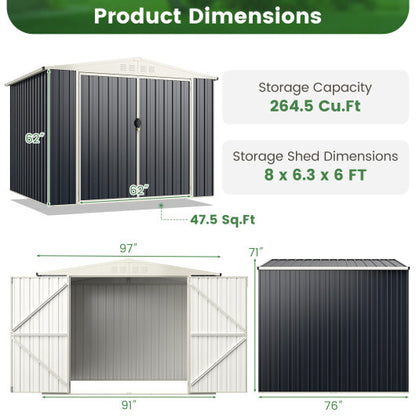 7.5 x 6.3 FT Metal Outdoor Storage Shed with Lockable Door-Gray - Color: Gray