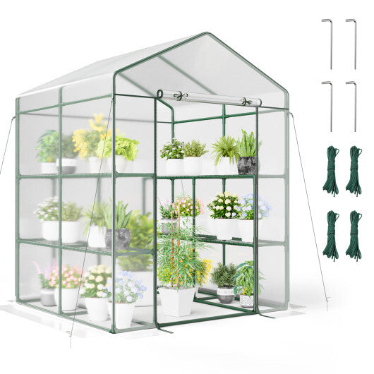 Walk-in Greenhouse with 3 Tiers 8 Shelves PVC Cover Roll-up Zippered Door - Color: Transparent