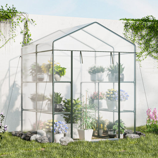 Walk-in Greenhouse with 3 Tiers 8 Shelves PVC Cover Roll-up Zippered Door - Color: Transparent