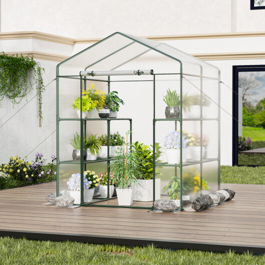 Walk-in Greenhouse with 3 Tiers 8 Shelves PVC Cover Roll-up Zippered Door - Color: Transparent