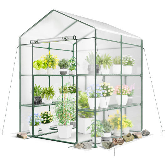 Walk-in Greenhouse with 3 Tiers 8 Shelves PVC Cover Roll-up Zippered Door - Color: Transparent