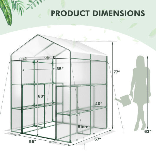 Walk-in Greenhouse with 3 Tiers 8 Shelves PVC Cover Roll-up Zippered Door - Color: Transparent