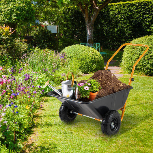 Dual-Wheel Wheelbarrow Garden Utility Cart with Pneumatic Tires-Black - Color: Black