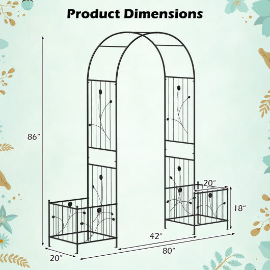 2 in 1 Garden Arbor with 2 Side Planters and 8 Ground Stakes-Black - Color: Black