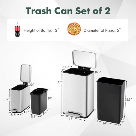 10.5 Gal and 1.6 Gal Step Trash Can Combo Set with Detachable Inner Buckets-Silver - Color: Silver