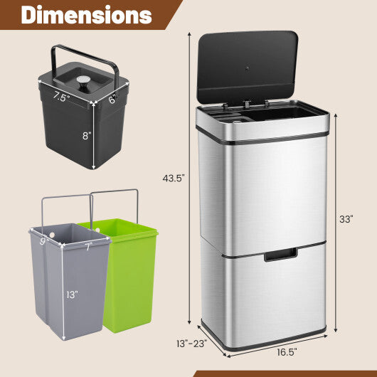 19 Gal Stainless Steel Trash Can with Kitchen Waste Bin and 2 Bottom Recycling Bins-Silver - Color: Silver