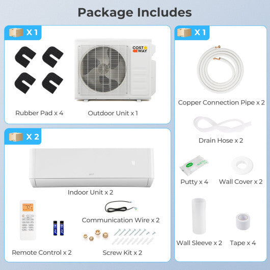 18000 BTU 2 Zone 22 SEER2 Mini Split AC with Heat Pump-9K + 9K - Color: White - Size: 9K + 9K