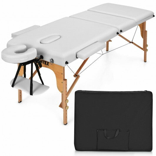 3 Fold Portable Adjustable Massage Table with Carry Case - Color: White