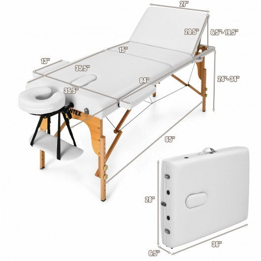 3 Fold Portable Adjustable Massage Table with Carry Case - Color: White