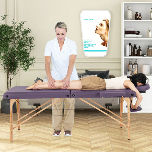 84 Inch Foldable Massage Table with Carrying Bag and Height Adjustable-Purple - Color: Purple