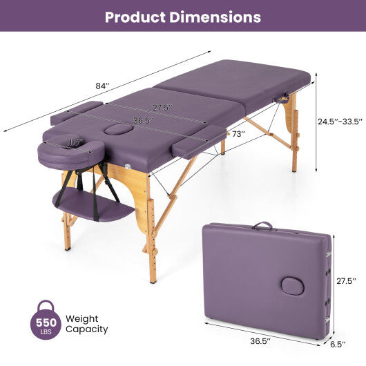 84 Inch Foldable Massage Table with Carrying Bag and Height Adjustable-Purple - Color: Purple