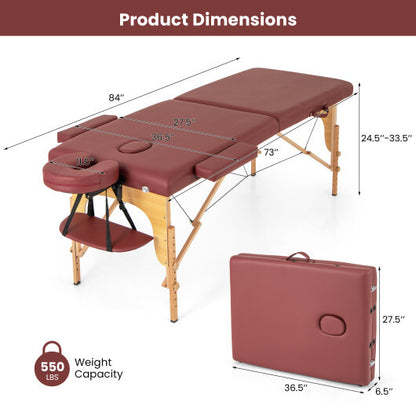 84 Inch Foldable Massage Table with Carrying Bag and Height Adjustable-Red - Color: Red